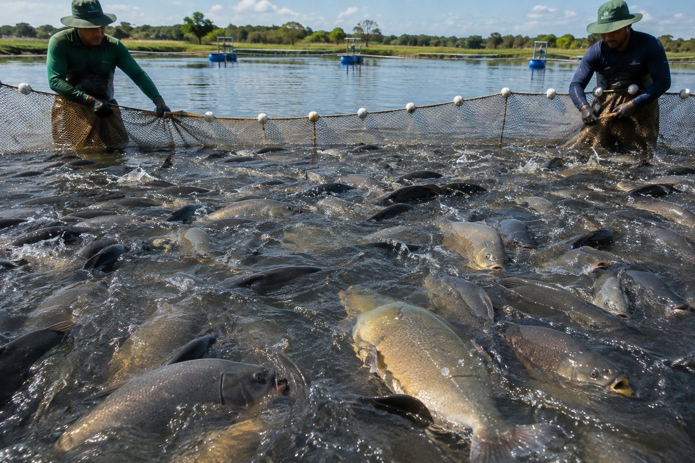 Despesca com rede em viveiro de piscicultura