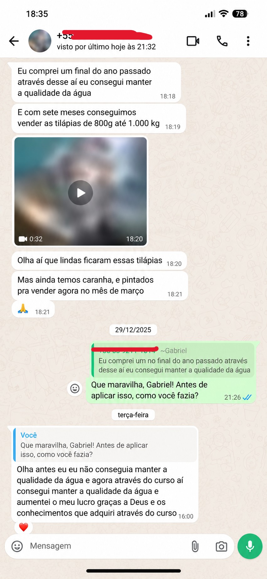 Conversa de WhatsApp com o aluno Gabriel sobre qualidade da água e lucro