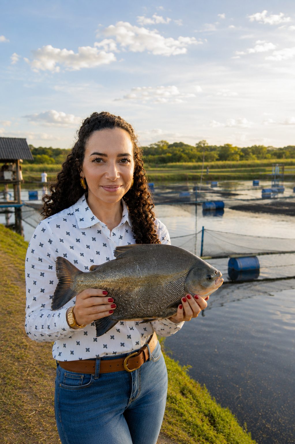 Soraia Dall'Agnol na piscicultura, segurando um peixe